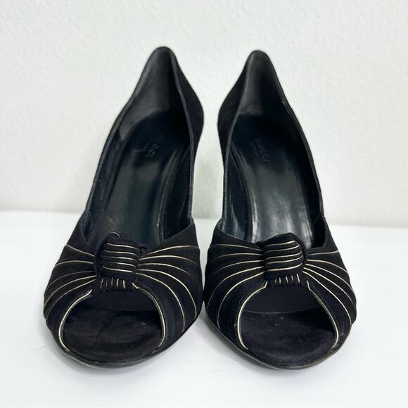 GUCCI Peep Toe Black Pumps with Gold Trim Size 37.5 - Picture 3 of 8